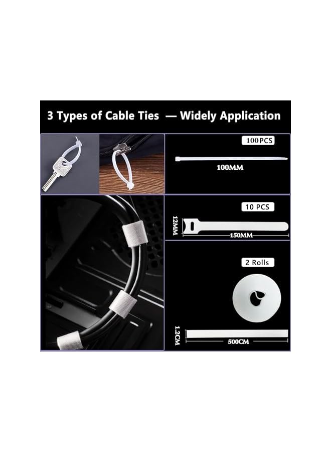 PROMASS 159PCS Cable Management Kit Cable Holder Wire Organizer Electrical Ties Straps Sleeves Cables Wall Clips for Home Desk Zip TV PC Computer Power Cord USB Office White - Image 3
