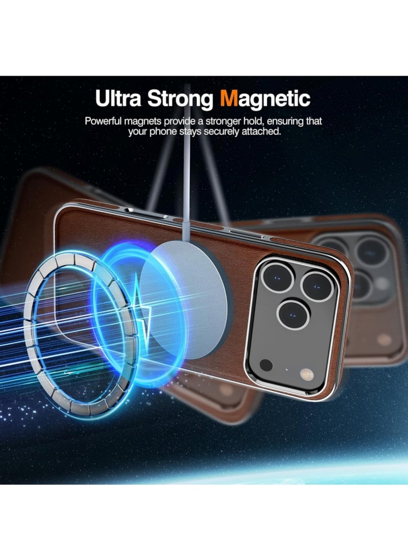 Aookay for iPhone 17 Pro Max Case Compatible with Magsafe, Electroplated Premium Leather with Microfiber Lining Business Classic Cover Soft Grip Shockproof Magnetic Case (Brown, iPhone 17 Pro Max) - Image 3