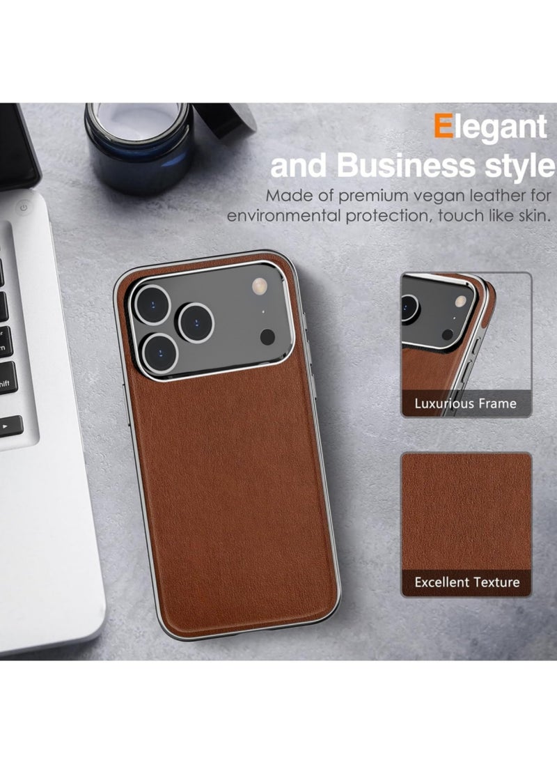 Aookay for iPhone 17 Pro Max Case Compatible with Magsafe, Electroplated Premium Leather with Microfiber Lining Business Classic Cover Soft Grip Shockproof Magnetic Case (Brown, iPhone 17 Pro Max) - Image 4