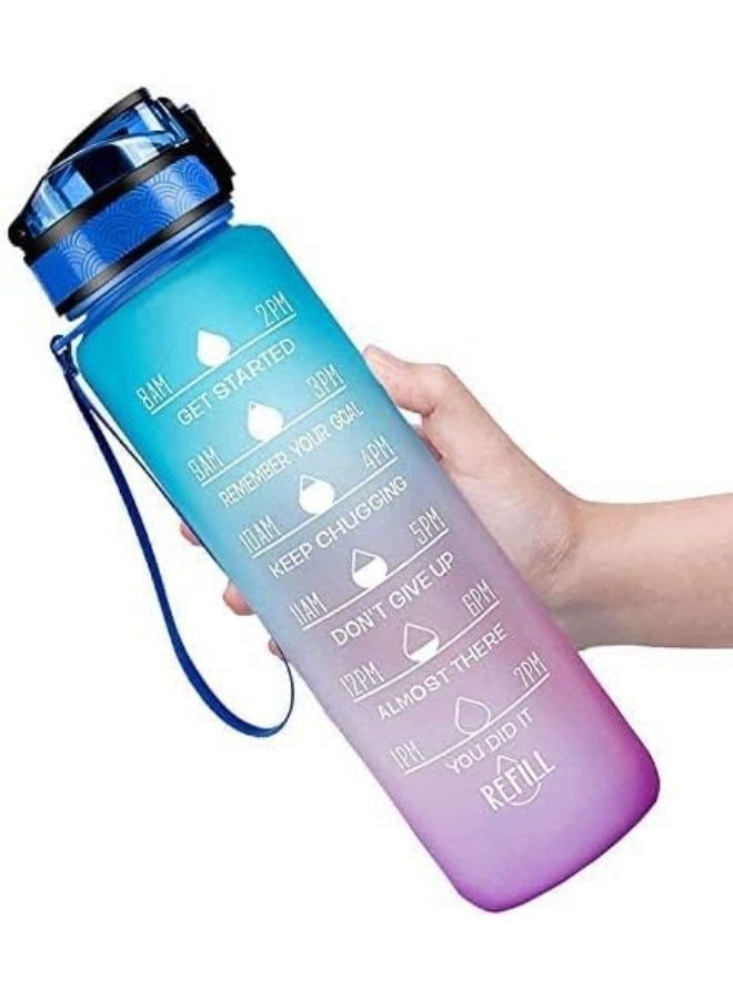 946ml Water Bottle with Time Indicator and Removable Strainer, BPA-Free Motivational Water Bottle, Large Leakproof Bottle for Fitness, Gym and Outdoor Sports by Q Plus (Blue) - Image 1