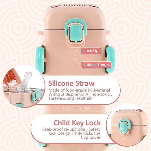 Prokart Premium Bus Water Bottle For Kids With Strap, Sipper, & Straw | Leakproof, Bpa Free With Lock, 500 Ml | Cute Bus Shaped Water Bottle For School Girls & Boys (Pink) - Image 4