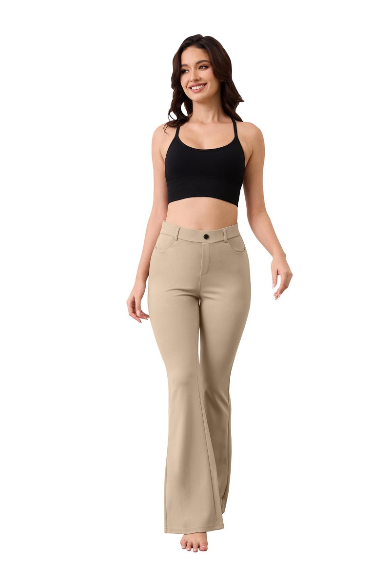 VIMPEP Flare Yoga Dress Work Pants Women High Waisted Pull On Stretchy Slacks Flared Leggings for Business Casual with Pockets 2102 31 Khaki M - Image 4