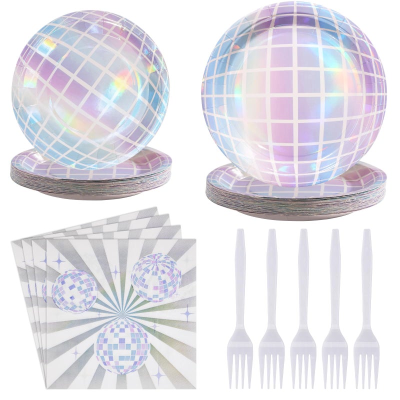 Grencian 96Pcs Disco Party Decorations Disco Ball Plates and Napkins Disposable Paper Tableware Set for 70s Wedding Birthday Baby Shower Anniversary Party Supplies Serves 24