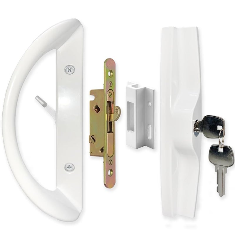 ALLYWASAI Patio Sliding Door Handle Set with Mortise Lock, Key Cylinder and Keeper, Replacement Handle Lock Set Fits Door Thickness from 1-1/2" to 1-3/4", 3-15/16" Screw Hole Spacing, Keyed, White - Image 1