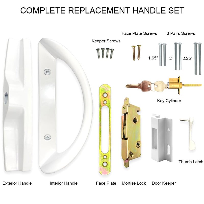 ALLYWASAI Patio Sliding Door Handle Set with Mortise Lock, Key Cylinder and Keeper, Replacement Handle Lock Set Fits Door Thickness from 1-1/2" to 1-3/4", 3-15/16" Screw Hole Spacing, Keyed, White - Image 2