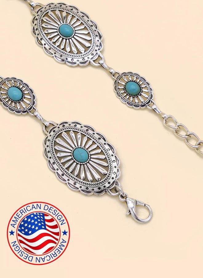 Topacc Western Metal Concho Belt for Women Cowgirl Chain Belts for Dresses Jeans Country Concert Outfit, F Silver Turquoise, Fit waist: 30-32 in - Image 2