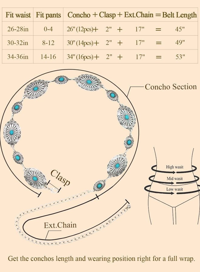 Topacc Western Metal Concho Belt for Women Cowgirl Chain Belts for Dresses Jeans Country Concert Outfit, F Silver Turquoise, Fit waist: 30-32 in - Image 4