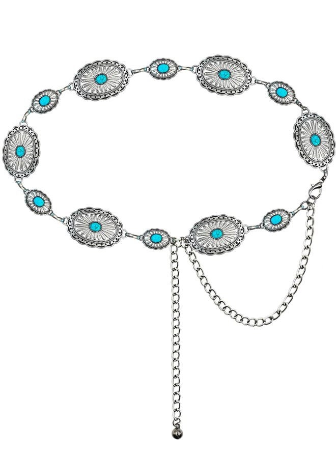 Topacc Western Metal Concho Belt for Women Cowgirl Chain Belts for Dresses Jeans Country Concert Outfit, F Silver Turquoise, Fit waist: 30-32 in - Image 1