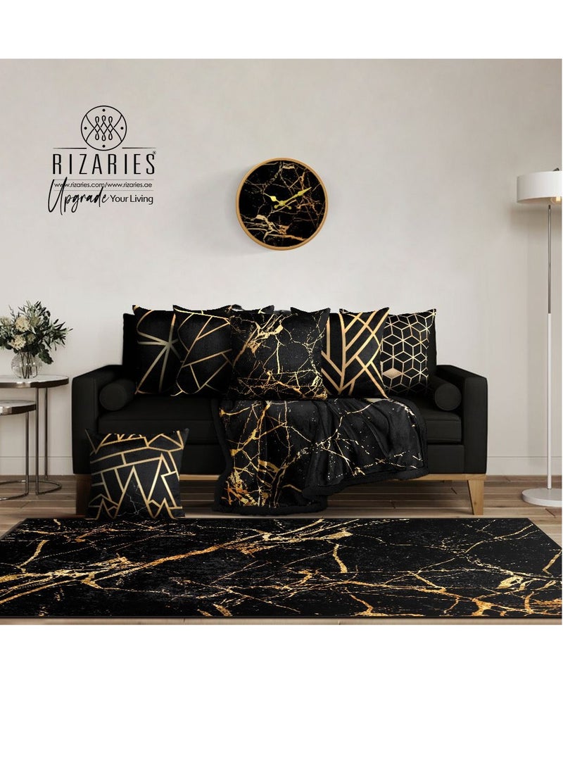 RIZARIES Black Gold Bundle of 9 ( 6 covers with fillings, 1 Wall Clock, 1 Rug 6.5x9.18ft, 1 Sofa Throw)  - Image 1