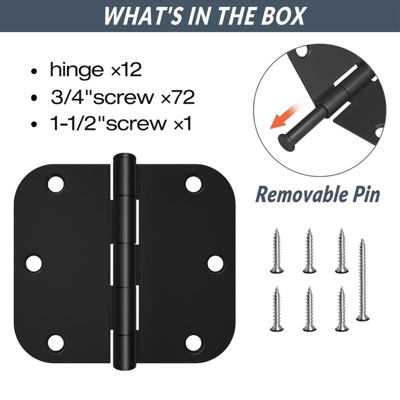 Hosom 12 Pack Rounded Matte Black Door Hinges 3.5 X 3.5 Inch With 5/8 Radius, Black 3 1/2 Interior Door Hinges, 3 ""X 3 "" Hardware - Image 3