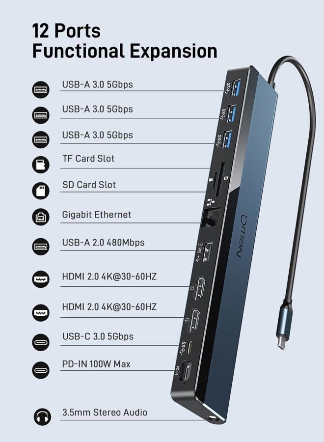 NewQ USB C Docking Station with Dual HDMI 4K, 100W PD-in, 12-in-1 Laptop Dock for Windows, MacBook, Chromebook - Image 2