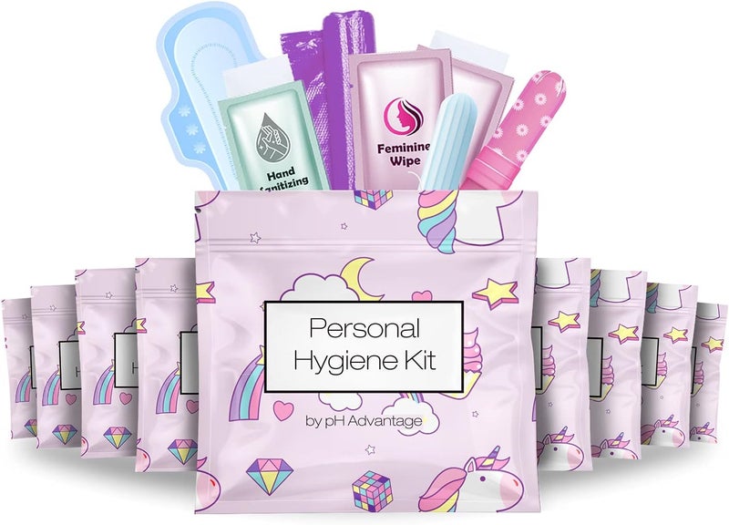 pH Advantage Menstrual Kit All-in-One 10 Pack | Convenience on The Go | Period Kit Pack for Travelling, Tweens & Teenager | Individually Wrapped Feminine Hygiene Product (Rainbows and Unicorns) - Image 1