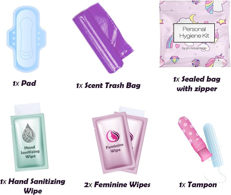 pH Advantage Menstrual Kit All-in-One 10 Pack | Convenience on The Go | Period Kit Pack for Travelling, Tweens & Teenager | Individually Wrapped Feminine Hygiene Product (Rainbows and Unicorns) - Image 2