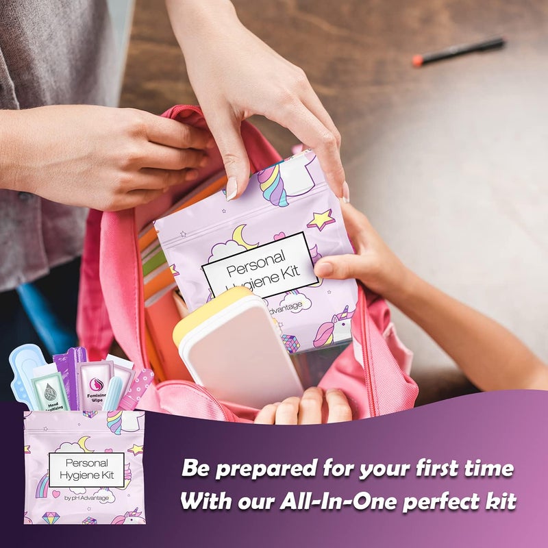 pH Advantage Menstrual Kit All-in-One 10 Pack | Convenience on The Go | Period Kit Pack for Travelling, Tweens & Teenager | Individually Wrapped Feminine Hygiene Product (Rainbows and Unicorns) - Image 5