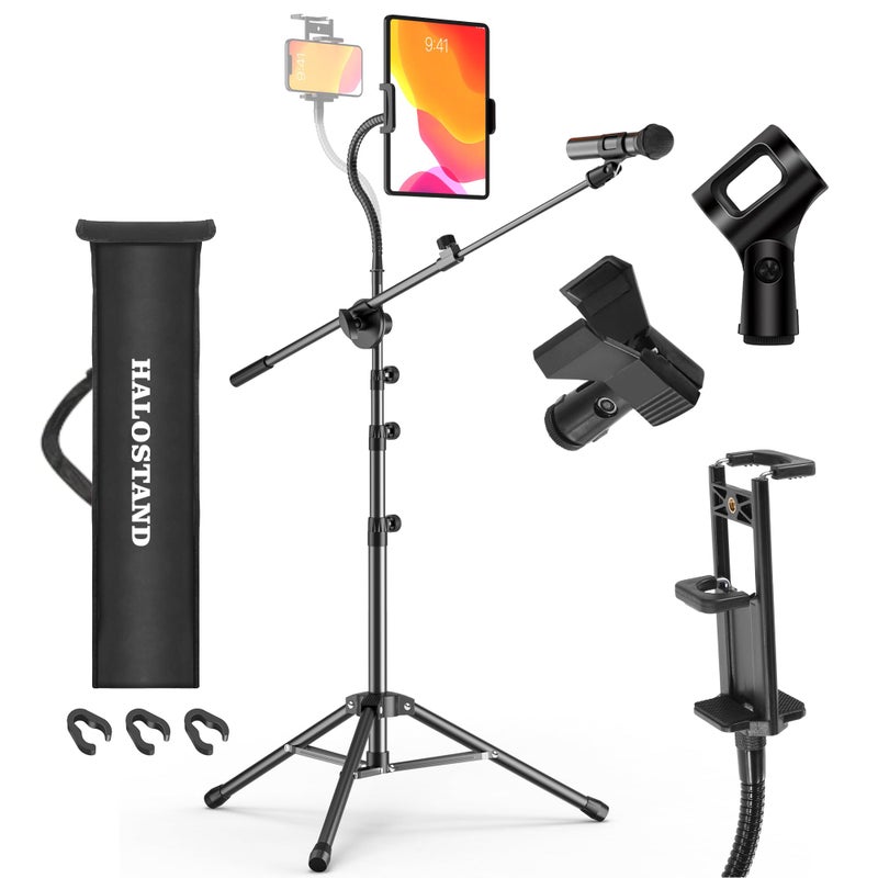 Halostand Microphone Stand with IPAD Clip, Floor Foldable Mic Stand with Phone Clip,Heavy Duty Tripod Boom Arm with 2 Mic Clips and Carrying Bag for Singing Karaoke Stage - Image 1