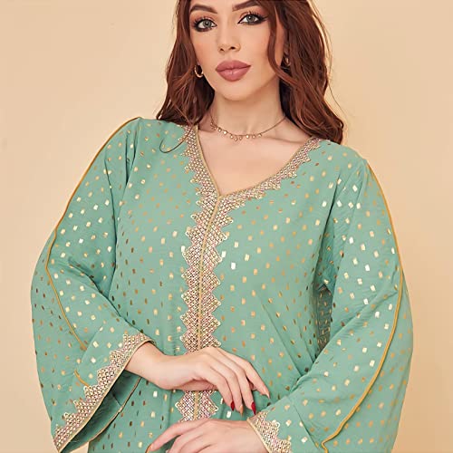 FPOVFPO Womens Muslim Abaya One-Piece V Neck Bronzing Islamic Full Length Kaftan Daily Casual Dress Green - Image 2