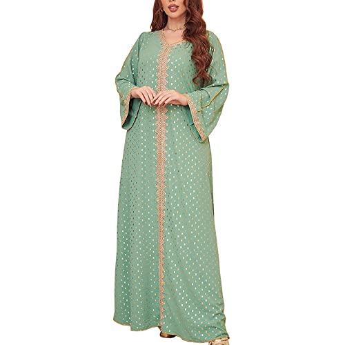 FPOVFPO Womens Muslim Abaya One-Piece V Neck Bronzing Islamic Full Length Kaftan Daily Casual Dress Green - Image 1