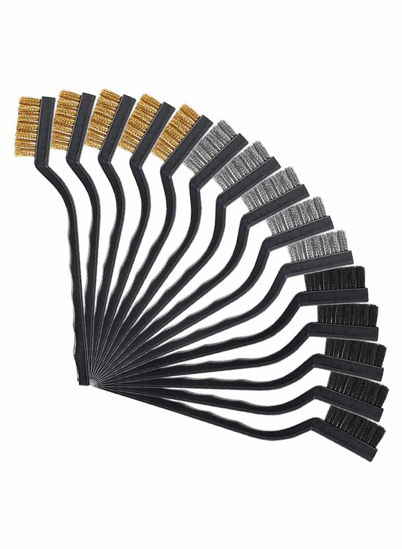 Excefore Mini Wire Brush Set, 15 Pcs Stainless Steel Brush Plastic Handles Wire Bristle Scratch Brush Set with Curved Handle for Cleaning Welding Slag and Rust - Image 1