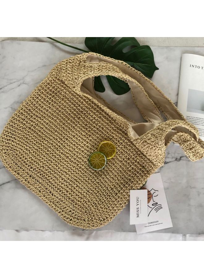 Solid Color Straw Bag Simple Fashion Woven Bag Beach Bag Ladies Casual Women's Bag-Color:Beige  - Image 1