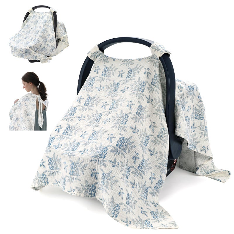 SERAPHY 2-in-1 Muslin Baby Car Seat Cover & Nursing Cover, Soft Lightweight Breastfeeding Cover for Boys and Girls,Breathable Canopy for Infant Carseat & Stroller for Summerâ€”Blueberrie - Image 1
