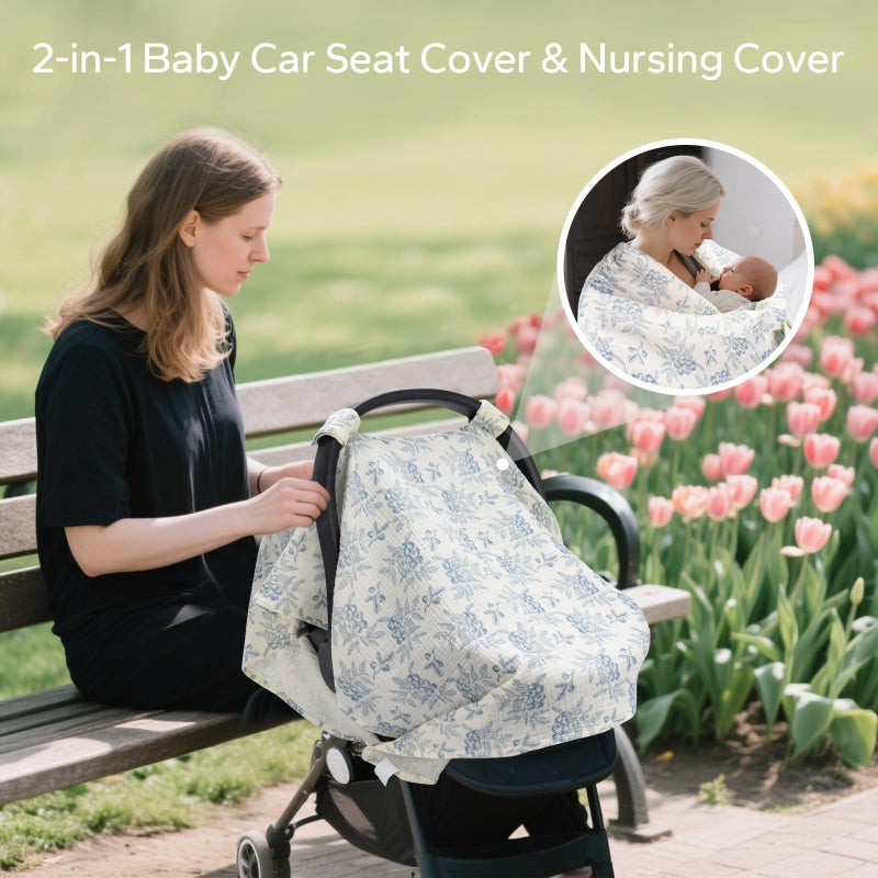SERAPHY 2-in-1 Muslin Baby Car Seat Cover & Nursing Cover, Soft Lightweight Breastfeeding Cover for Boys and Girls,Breathable Canopy for Infant Carseat & Stroller for Summerâ€”Blueberrie - Image 4