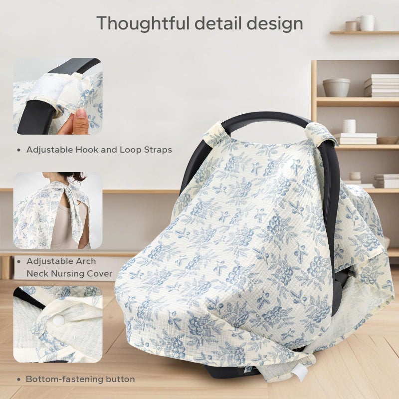 SERAPHY 2-in-1 Muslin Baby Car Seat Cover & Nursing Cover, Soft Lightweight Breastfeeding Cover for Boys and Girls,Breathable Canopy for Infant Carseat & Stroller for Summerâ€”Blueberrie - Image 5