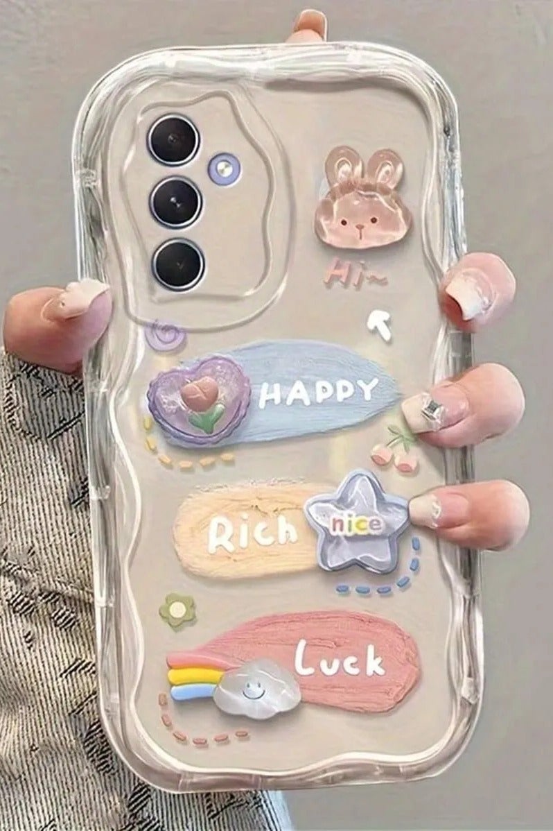 Shein Light Pink Colorful Wave Edge Anti-fall Transparent Phone Case with Cartoon Plant Pattern Compatible with Samsung S24 