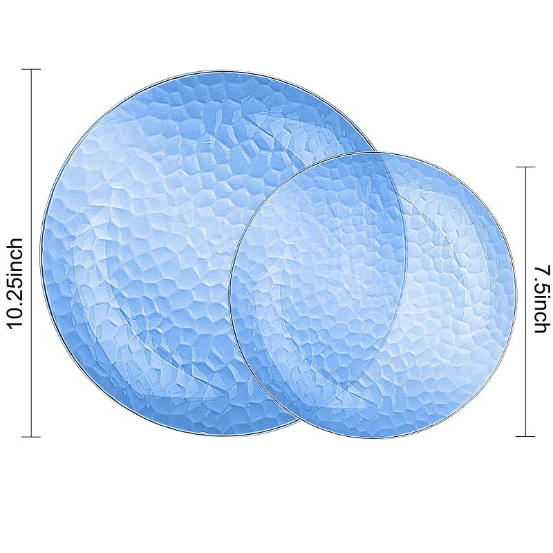 Rubtlamp 100 Pcs Blue Plastic Plates  Blue Heavy Duty plastic Plates  Clear-blue Fancy Disposable Plates  Hammered Plastic plates Include 50 Pcs Dessert Platos  50 Pcs Dinner Platos for Party - Image 1