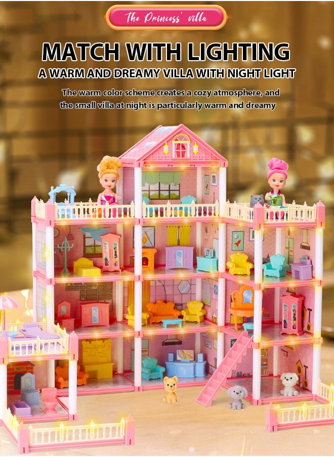 ماركة غير محددة - منزل الأميرة الضخم DIY للفتيات، منزل وضع، منزل دمية لعبة، فيلا قلعة، مجموعة لعب بيت الدمية مع 14 غرفة 4 دمى 2 شريط إضاءة ملون مع أضواء لتجميع المطبخ، غرفة النوم، الأثاث، الحديقة، الحيوانات الأليفة DIY بيت الدمية التظاهري للفتيات، فتاة تجميع المنزل، هدية عيد ميلاد. - Image 1