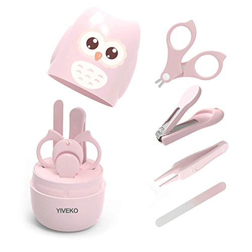 YIVEKO Baby Nail Kit 4in1 Baby Nail Care Set with Cute Case Baby Nail Clippers Scissors Nail File Tweezers Baby Manicure Kit and Pedicure kit for Newborn Infant Toddler KidsOwl Pink