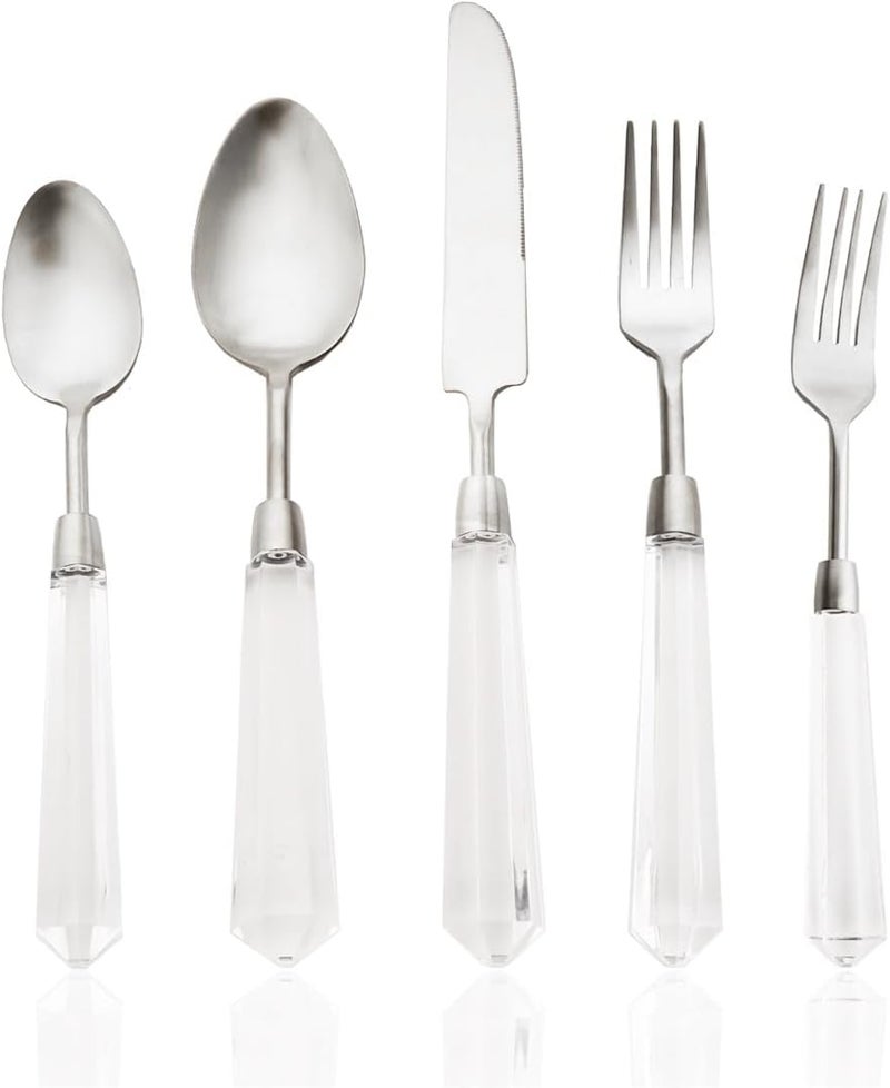 JASHII JASHII 5pcs Silver 304 Stainless Steel Flatware Cutlery Set with Transparent Acrylic Handle Diamond Shape Matte Knife Fork Spoon Set Dishwasher Safe for Home Wedding Hotel  - Image 1