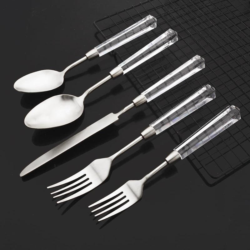 JASHII JASHII 5pcs Silver 304 Stainless Steel Flatware Cutlery Set with Transparent Acrylic Handle Diamond Shape Matte Knife Fork Spoon Set Dishwasher Safe for Home Wedding Hotel  - Image 2