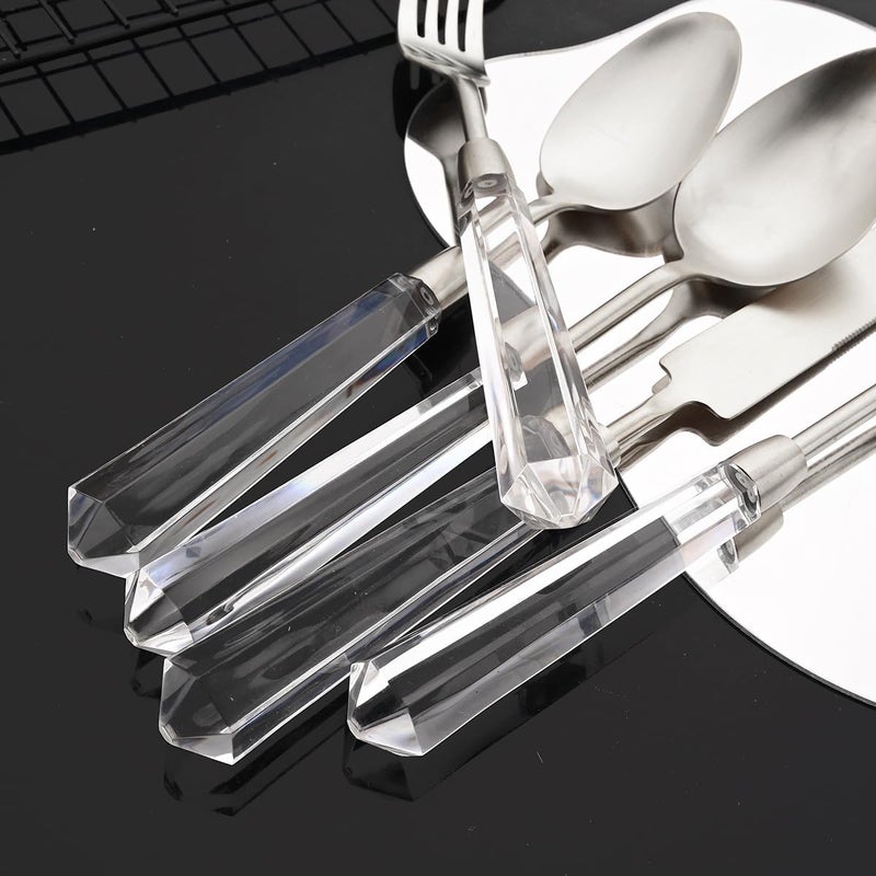 JASHII JASHII 5pcs Silver 304 Stainless Steel Flatware Cutlery Set with Transparent Acrylic Handle Diamond Shape Matte Knife Fork Spoon Set Dishwasher Safe for Home Wedding Hotel  - Image 5