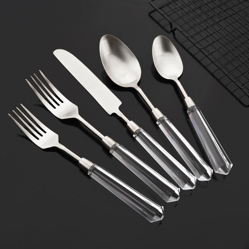 JASHII JASHII 5pcs Silver 304 Stainless Steel Flatware Cutlery Set with Transparent Acrylic Handle Diamond Shape Matte Knife Fork Spoon Set Dishwasher Safe for Home Wedding Hotel  - Image 3