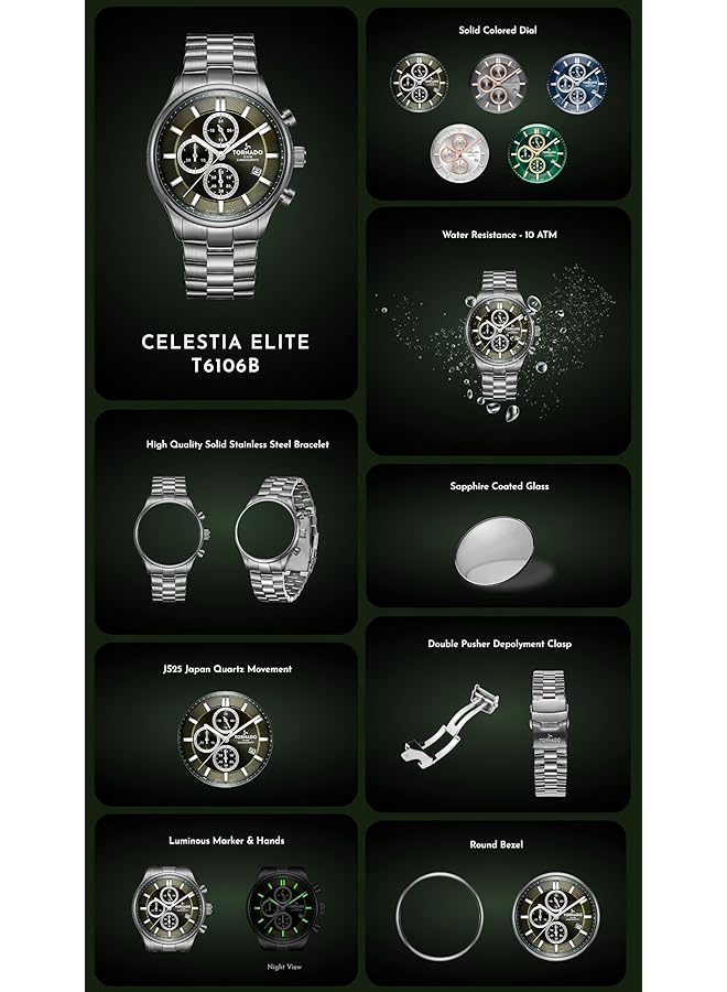 تورنيدو ساعة رجالية يابانية بحركة كوارتز وشاشة كرونوغراف وحزام من الفولاذ المقاوم للصدأ T6106B KBkw فضية - Image 2