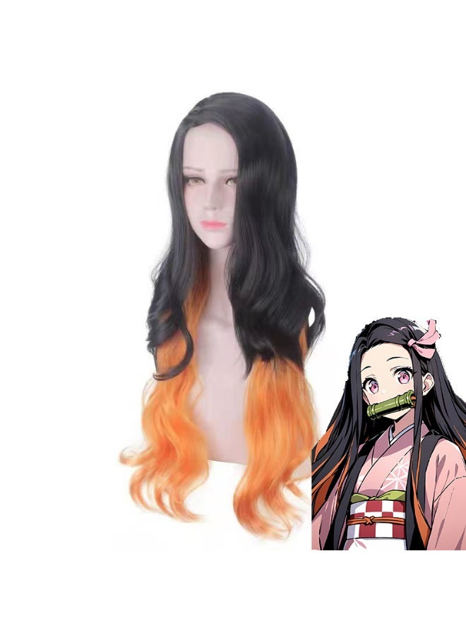 general Demon Slayer Kamado Nezuko cosplay wig gradient black and orange natural female mid-length curly hair - Image 2