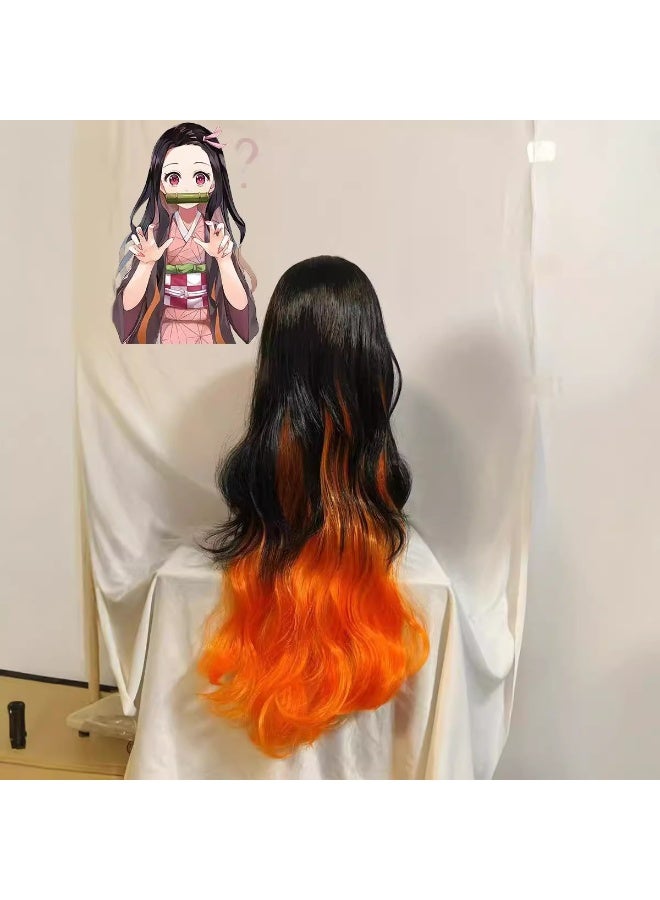 general Demon Slayer Kamado Nezuko cosplay wig gradient black and orange natural female mid-length curly hair - Image 3
