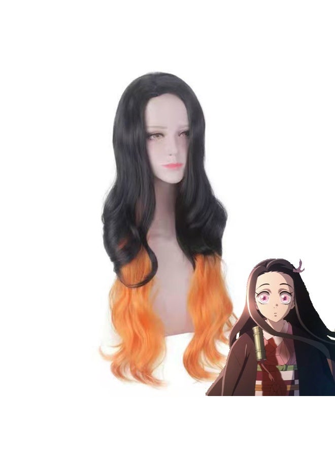general Demon Slayer Kamado Nezuko cosplay wig gradient black and orange natural female mid-length curly hair - Image 1
