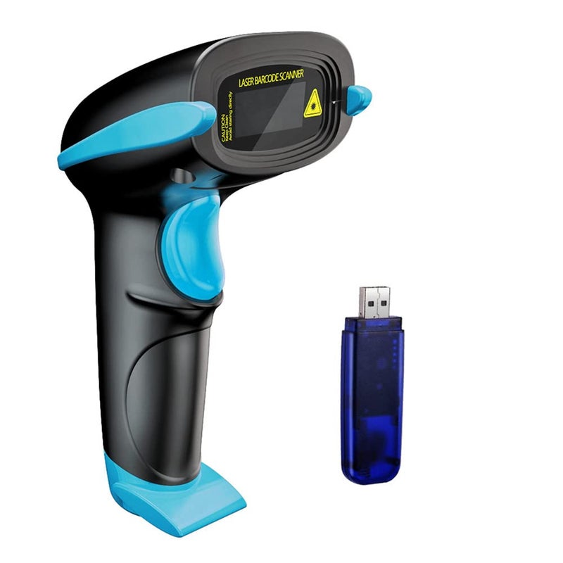 NADAMOO Wireless Barcode Scanner 328 Feet Transmission Distance USB Cordless 1D Laser Automatic Barcode Reader Handhold Bar Code Scanner with USB Receiver for Store Supermarket Warehouse Blue