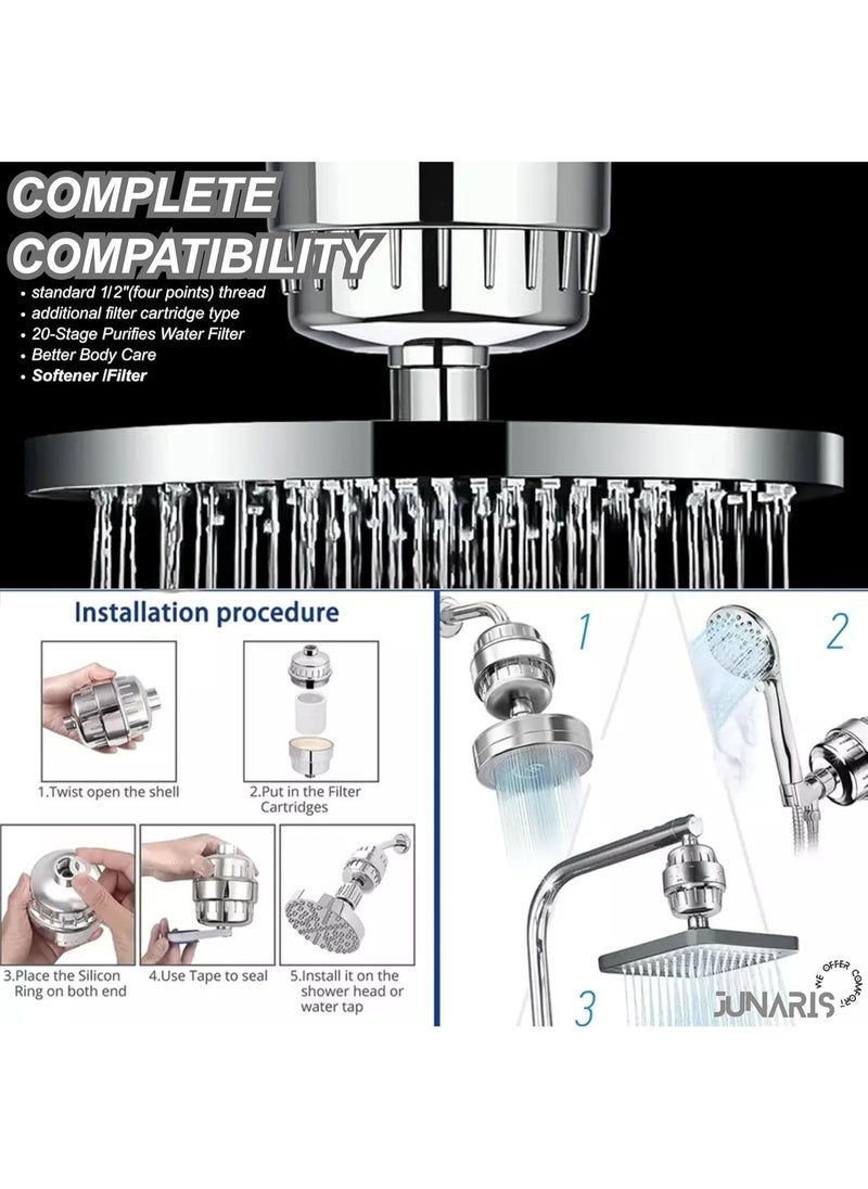 Shower Filter 20 Stage Showerhead Filter for Hard Water Shower Water Filter with 2 Replaceable Filter Cartridges for Removing Chlorine Fluoride, Polished Chrome plated