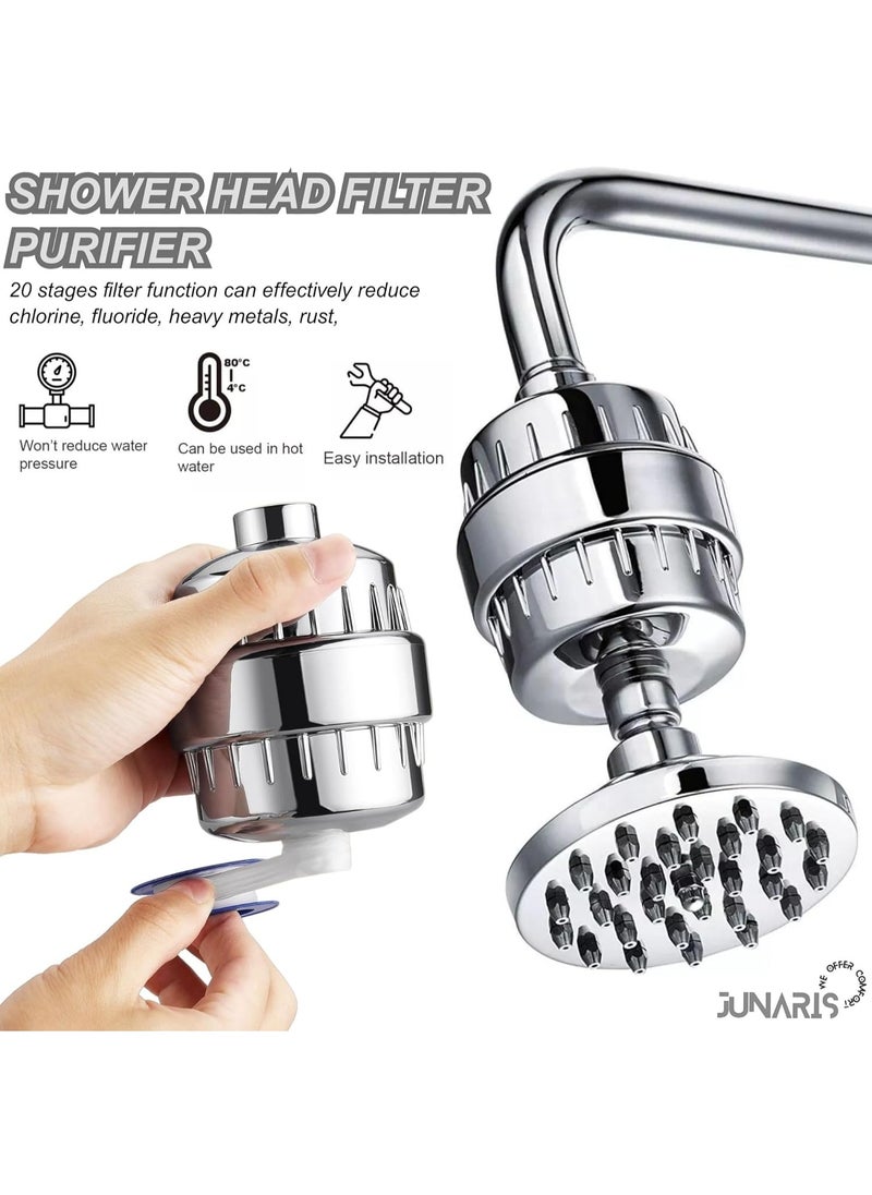 Shower Filter 20 Stage Showerhead Filter for Hard Water Shower Water Filter with 2 Replaceable Filter Cartridges for Removing Chlorine Fluoride, Polished Chrome plated