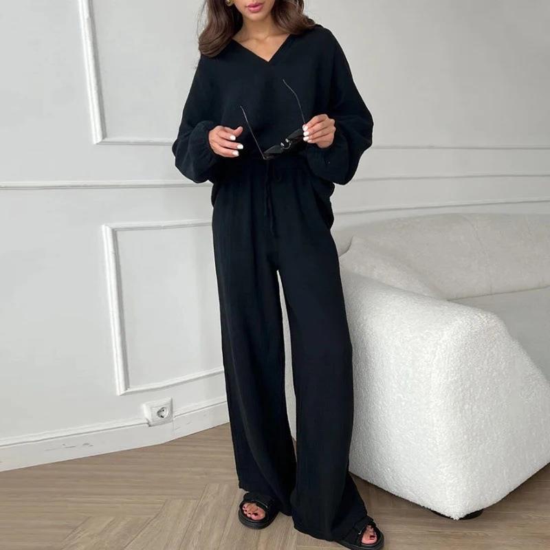 2024 Europe and the United States cross-border Amazon new cotton and linen suit cardigan long sleeve jacket pocket wide leg pants two-piece set Black