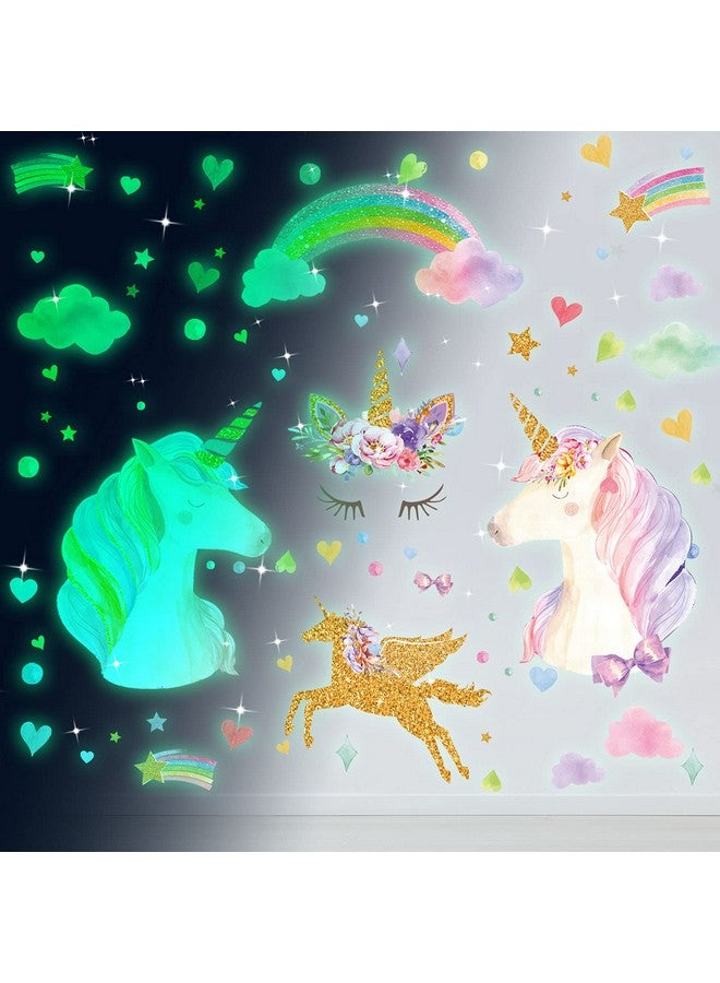 Tenare Glow In The Dark Stars Glowing Unicorn Wall Decals Glowing Unicorn Wall Mural Stickers With Unicorn Star Rainbow Flower Heart Clouds Bubbles Room Decor For Girls Bedroom Ceiling Baby Home Kid Birthday - Image 1