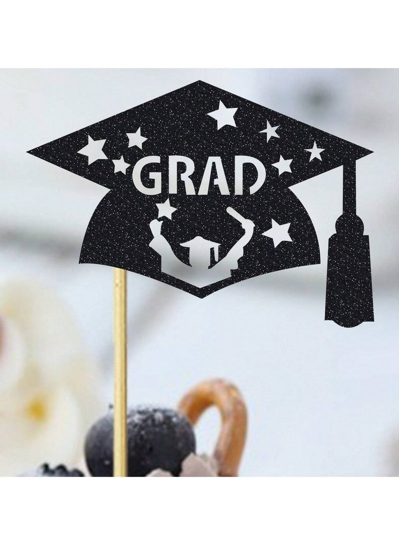 Graduation Decoration – Set of12 black  Cake Toppers Featuring Graduation Phrases, Year Numbers, and Graduation Cap Designs. - Image 2