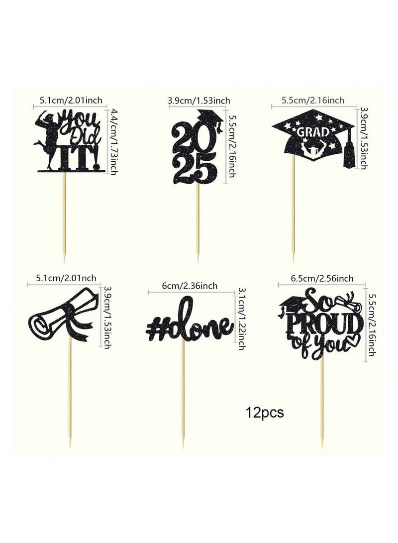 Graduation Decoration – Set of12 black  Cake Toppers Featuring Graduation Phrases, Year Numbers, and Graduation Cap Designs. - Image 3