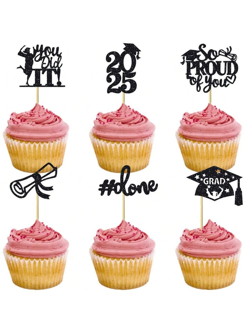 Graduation Decoration – Set of12 black  Cake Toppers Featuring Graduation Phrases, Year Numbers, and Graduation Cap Designs. - Image 1