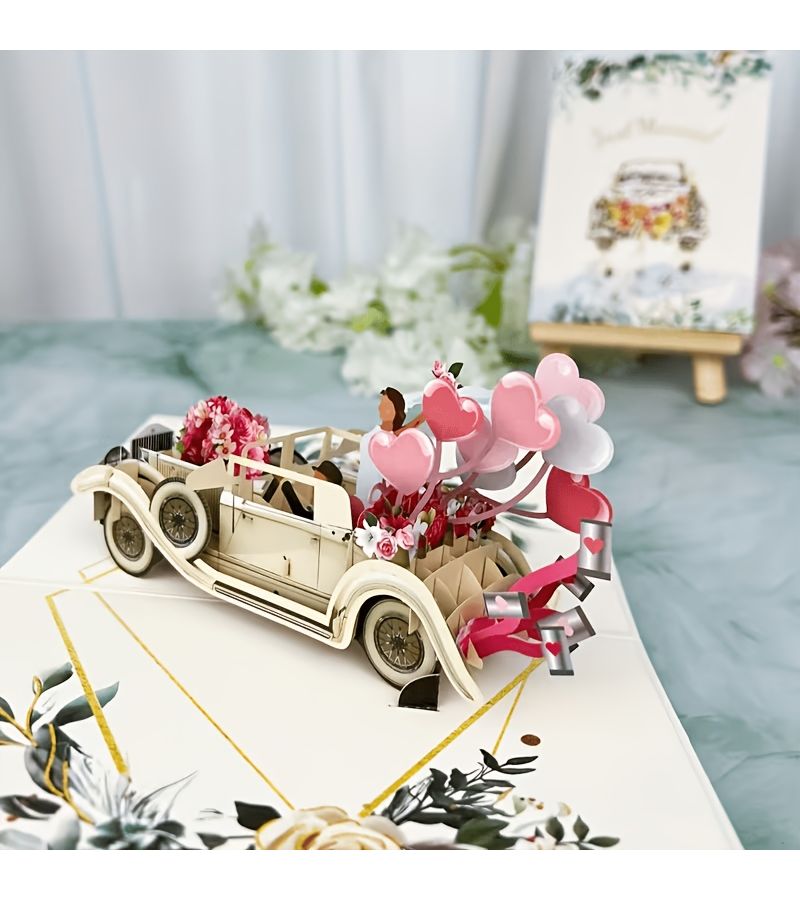 Embellished White Wedding Car Greeting Card with Envelope for Love Themed Gifts - Image 5