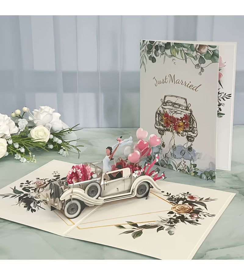 Embellished White Wedding Car Greeting Card with Envelope for Love Themed Gifts - Image 2