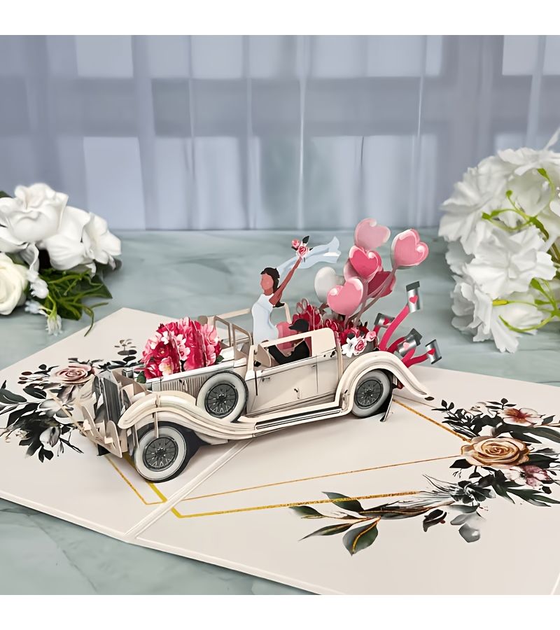 Embellished White Wedding Car Greeting Card with Envelope for Love Themed Gifts - Image 4