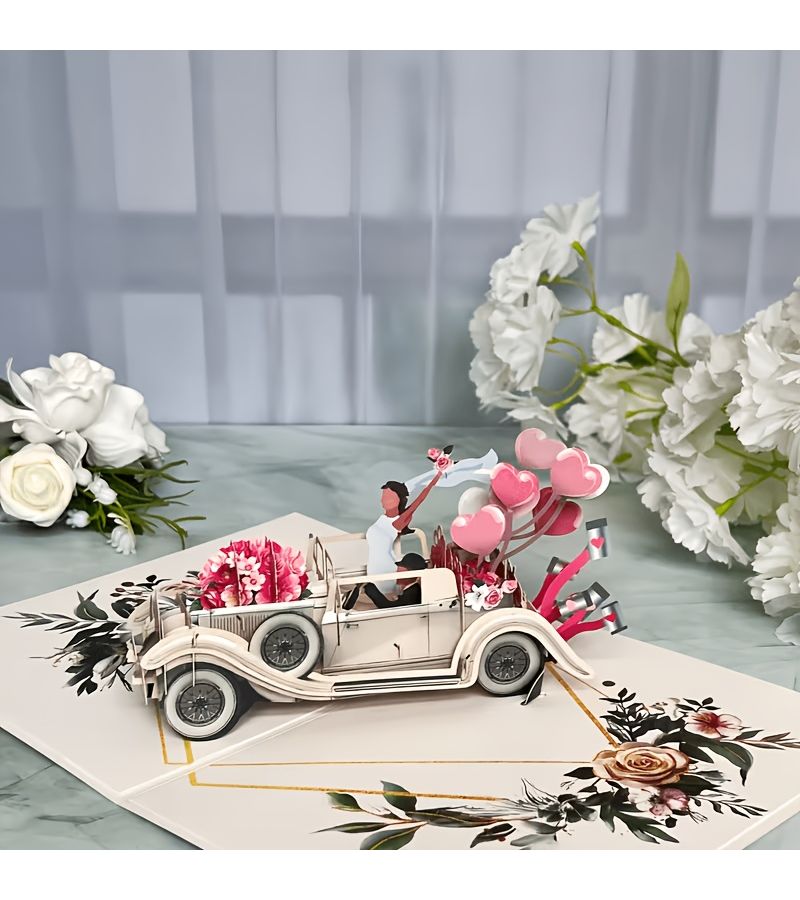 Embellished White Wedding Car Greeting Card with Envelope for Love Themed Gifts - Image 1